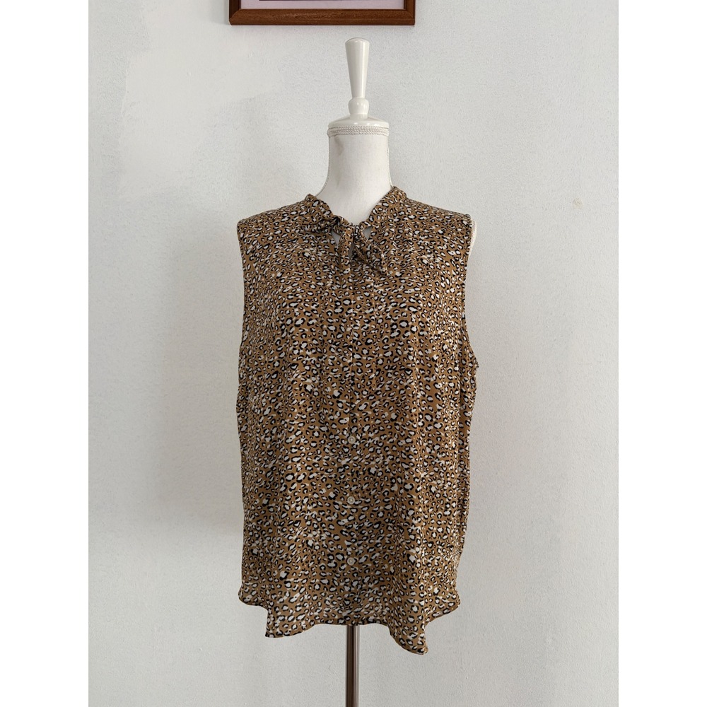 J.Crew Womens XL Leopard Print Sleeveless Tie Neck Button Down Blouse Tan Black